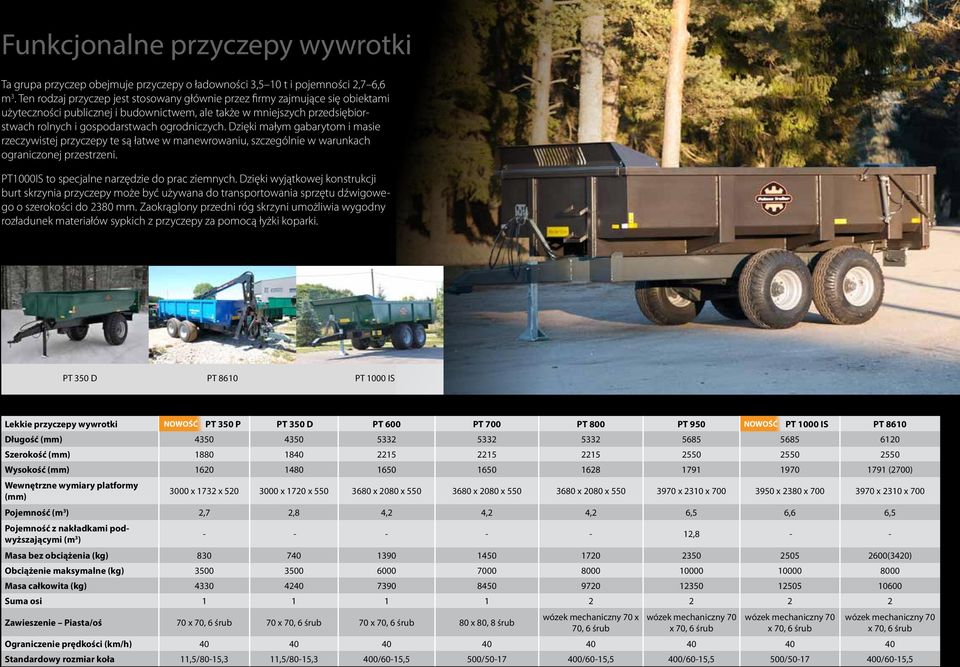 Dzięki małym gabarytom i masie rzeczywistej przyczepy te są łatwe w manewrowaniu, szczególnie w warunkach ograniczonej przestrzeni. PT1000IS to specjalne narzędzie do prac ziemnych.