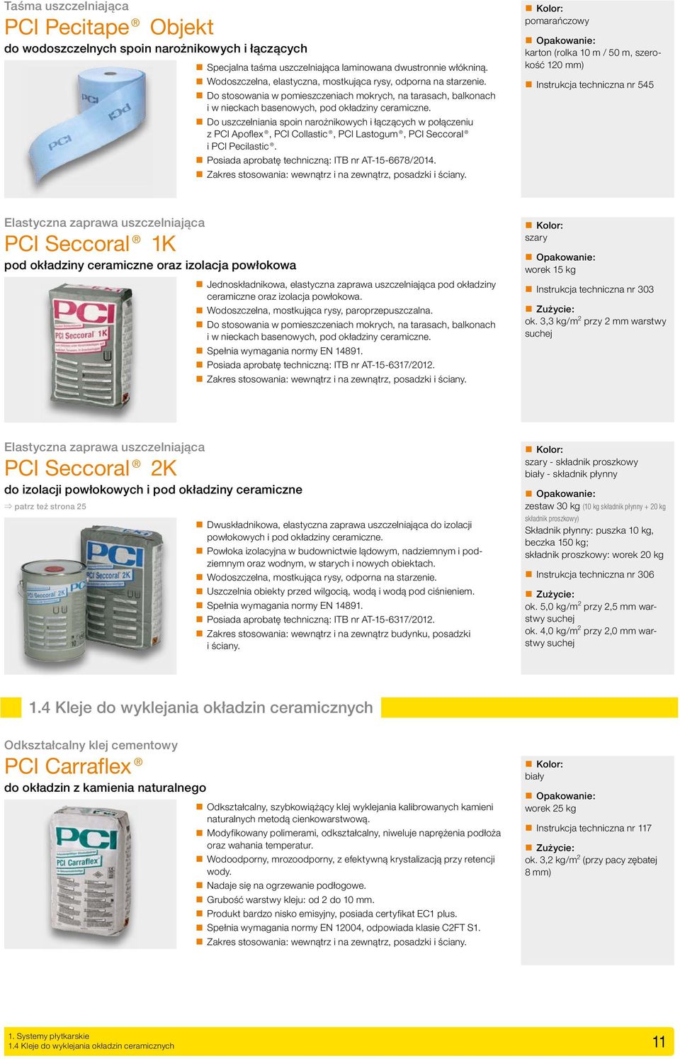 Do uszczelniania spoin narożnikowych i łączących w połączeniu z PCI Apoflex, PCI Collastic, PCI Lastogum, PCI Seccoral i PCI Pecilastic. Posiada aprobatę techniczną: ITB nr AT 15 6678/2014.