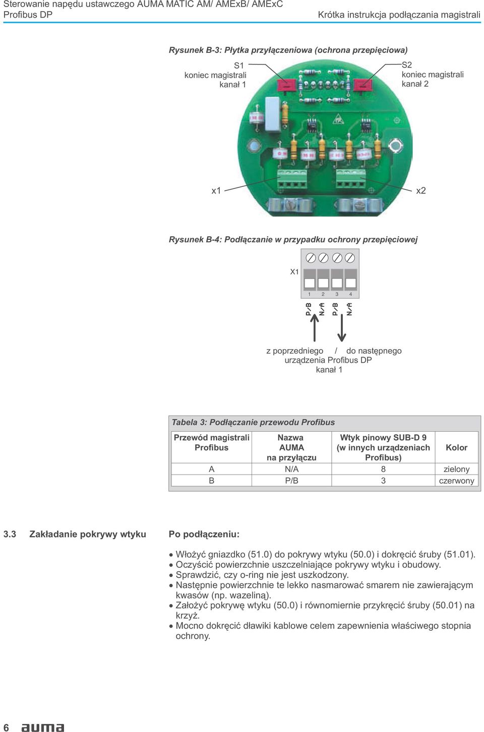 magistrali Profibus Nazwa AUMA na przy³¹czu Wtyk pinowy SUB-D 9 (w innych urz¹dzeniach Profibus) Kolor A N/A 8 zielony B P/B 3 czerwony 3.