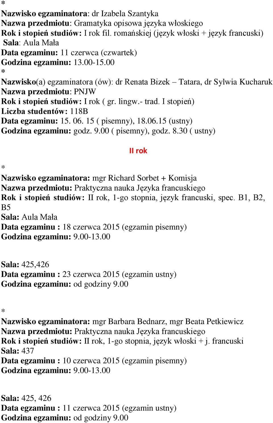 00 Nazwisko(a) egzaminatora (ów): dr Renata Bizek Tatara, dr Sylwia Kucharuk Rok i stopień studiów: I rok ( gr. lingw.- trad. I stopień) Liczba studentów: 118B Data egzaminu: 15. 06.