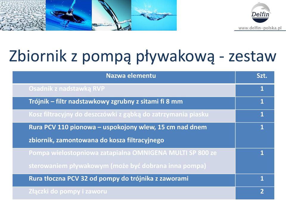 zatrzymania piasku Rura PCV 0 pionowa uspokojony wlew, 5 cm nad dnem zbiornik, zamontowana do kosza filtracyjnego