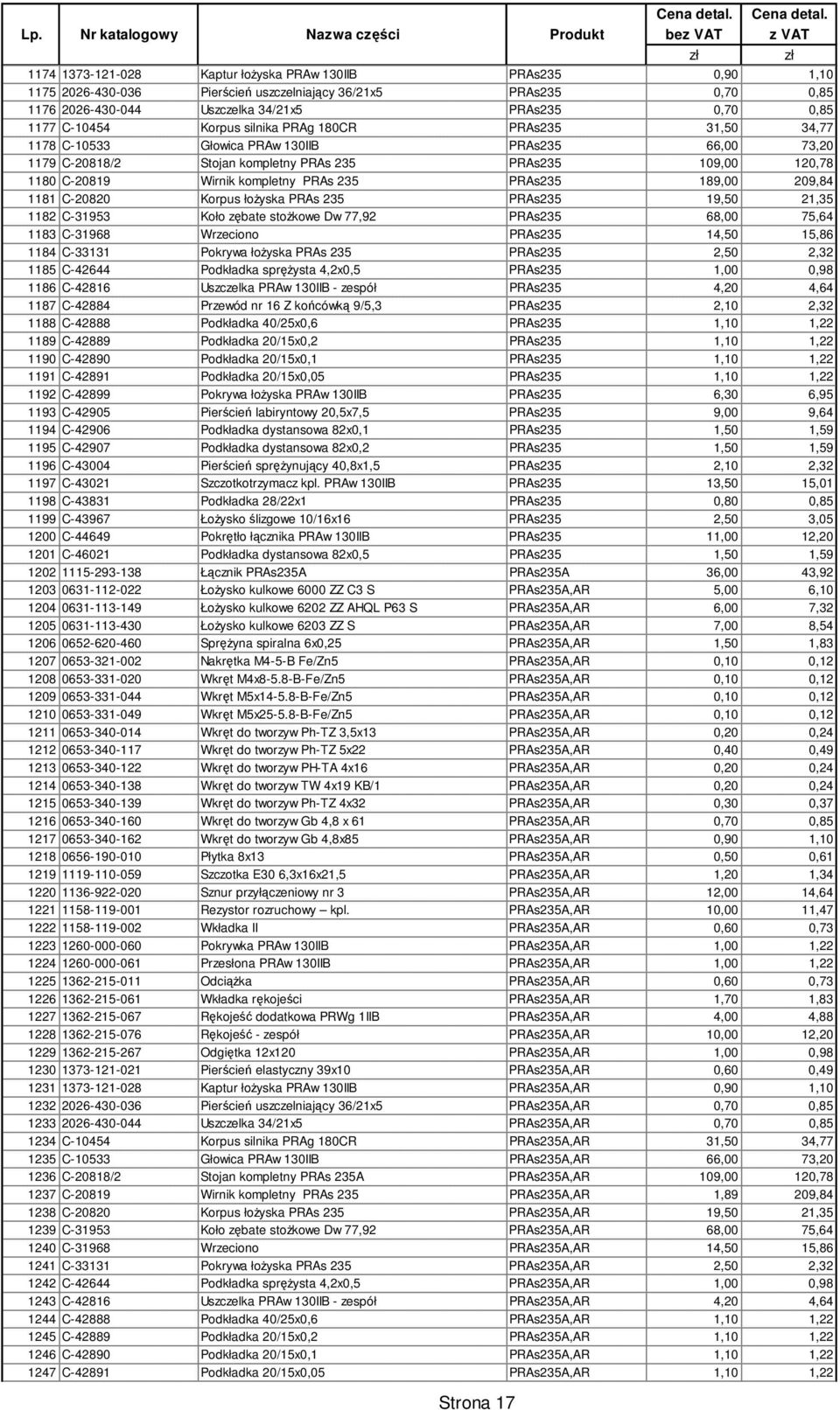 235 PRAs235 189,00 209,84 1181 C-20820 Korpus łoŝyska PRAs 235 PRAs235 19,50 21,35 1182 C-31953 Koło zębate stoŝkowe Dw 77,92 PRAs235 68,00 75,64 1183 C-31968 Wrzeciono PRAs235 14,50 15,86 1184