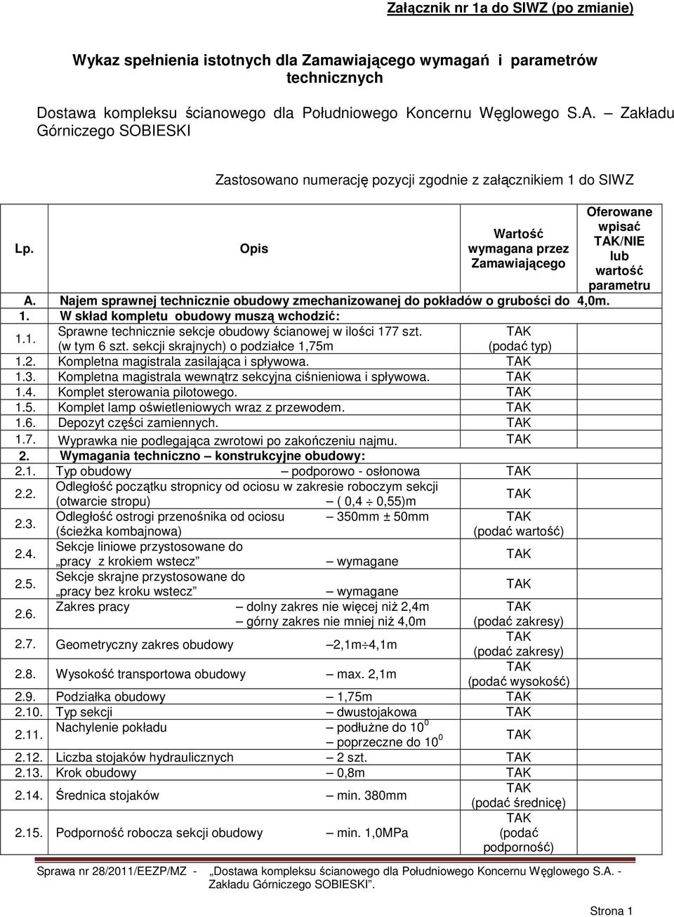 Najem sprawnej technicznie obudowy zmechanizowanej do pokładów o grubości do 4,0m. 1. W skład kompletu obudowy muszą wchodzić: 1.1. Sprawne technicznie sekcje obudowy ścianowej w ilości 177 szt.