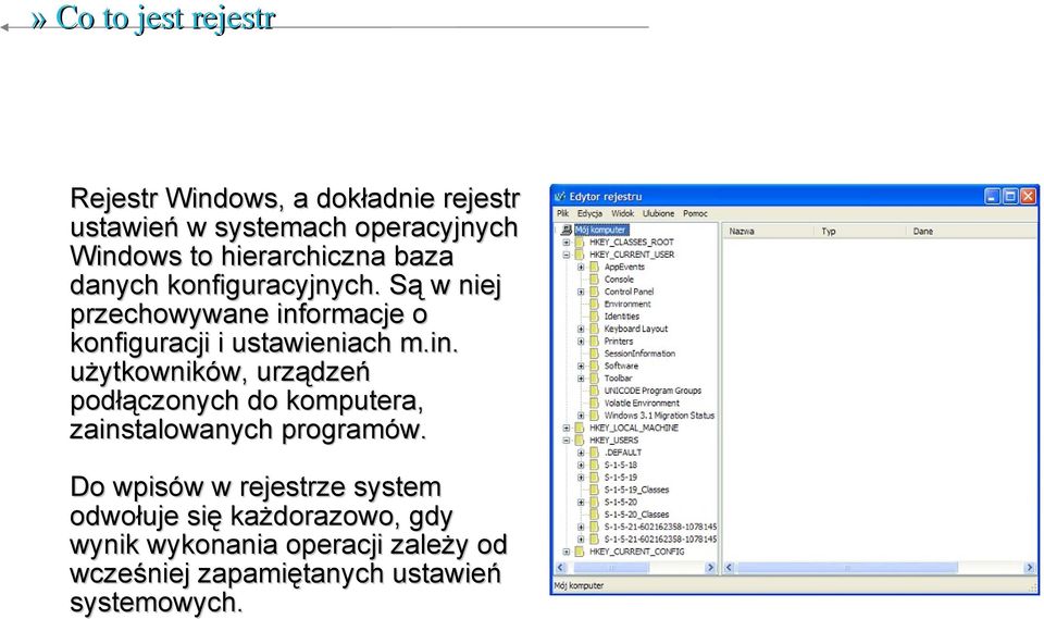 Są w niej przechowywane informacje o konfiguracji i ustawieniach m.in. użytkowników, urządzeń podłączonych do komputera, zainstalowanych programów.