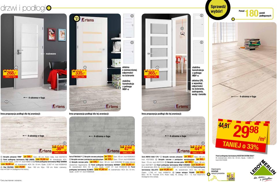 Skrzydło pokojowe TRIM* 98 8,- Szer.: 80 cm. Kolor: biały. kod 57000 Panel podłogowy laminowany DĄB LINDOS 9,90 5,90 /m Kl. ścieralności: AC. Gr.: 8 mm. Opak.:,057 m.