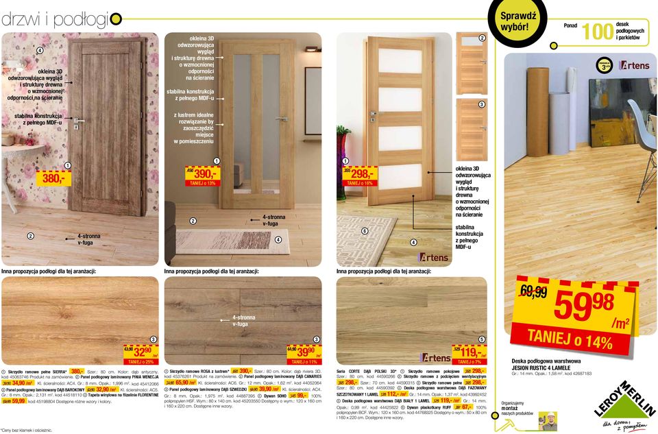 pełne SIERRA* 80,- Szer.: 80 cm. Kolor: dąb antyczny. kod 507 Produkt na zamówienie. Panel podłogowy laminowany PINIA WENECJA 9,90,90 /m Kl. ścieralności: AC. Gr.: 8 mm. Opak.:,99 m.