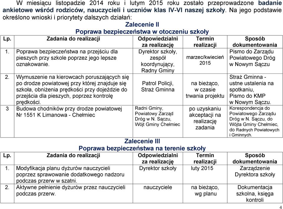 Poprawa bezpieczeństwa na przejściu dla pieszych przy szkole poprzez jego lepsze oznakowanie. 2.