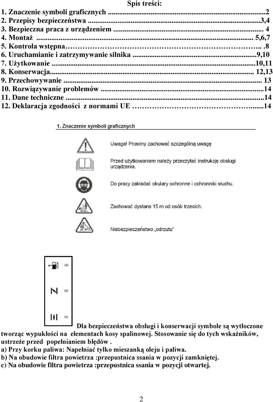 Deklaracja zgodności z normami UE...14 Dla bezpieczeństwa obsługi i konserwacji symbole są wytłoczone tworząc wypukłości na elementach kosy spalinowej.