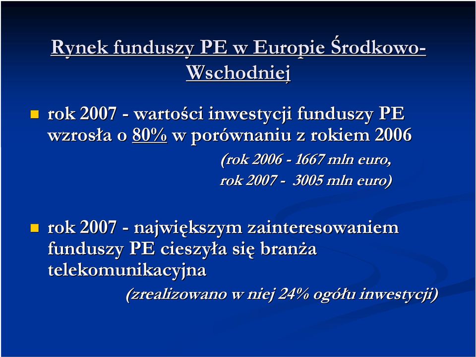 rok 2007-3005 mln euro) rok 2007 - największym zainteresowaniem funduszy PE