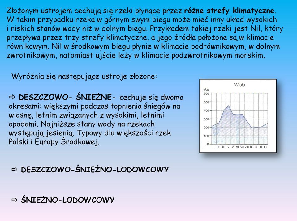 Nil w środkowym biegu płynie w klimacie podrównikowym, w dolnym zwrotnikowym, natomiast ujście leży w klimacie podzwrotnikowym morskim.