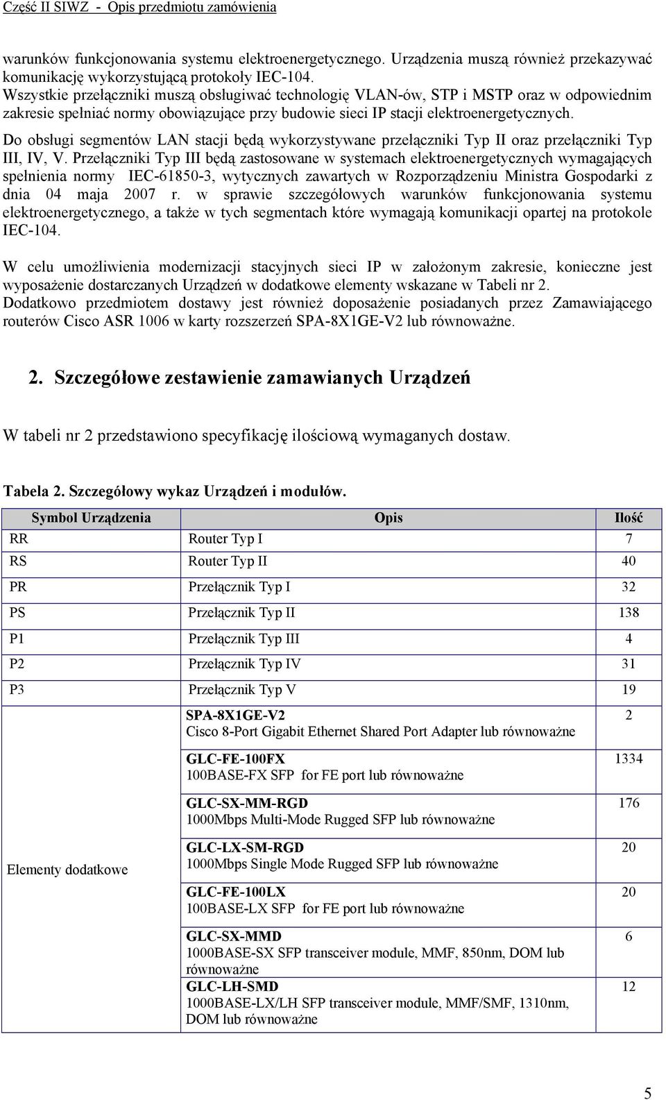 Do obsługi segmentów LAN stacji będą wykorzystywane przełączniki Typ II oraz przełączniki Typ III, IV, V.