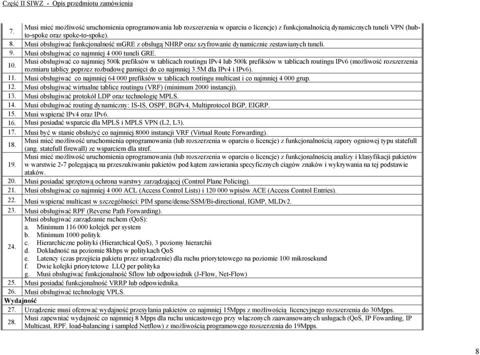 Musi obsługiwać co najmniej 500k prefiksów w tablicach routingu IPv4 lub 500k prefiksów w tablicach routingu IPv6 (możliwość rozszerzenia rozmiaru tablicy poprzez rozbudowę pamięci do co najmniej 3.