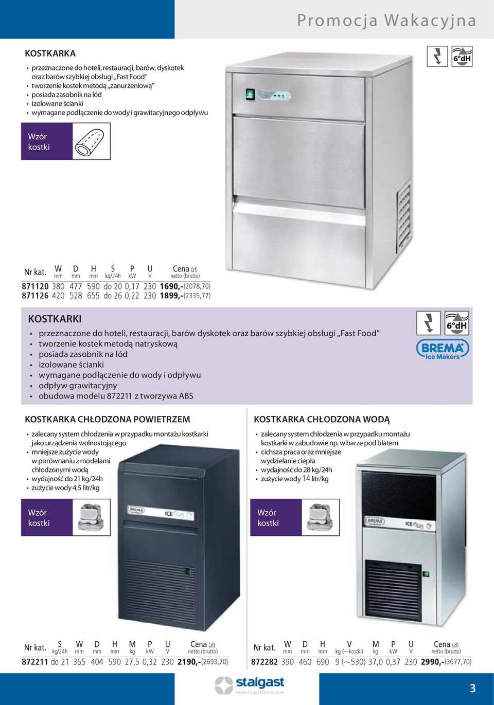 W S kg/24h P kw U 871120 380 477 590 do 20 0,17 230 1690,-(2078,70) 871126 420 528 655 do 26 0,22 230 1899,-(2335,77) KOSTKARKI przeznaczone do hoteli, restauracji, barów dyskotek oraz barów szybkiej