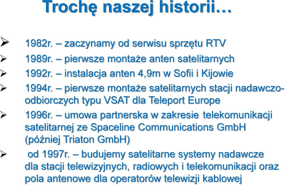 pierwsze montaże satelitarnych stacji nadawczoodbiorczych typu VSAT dla Teleport Europe 1996r.