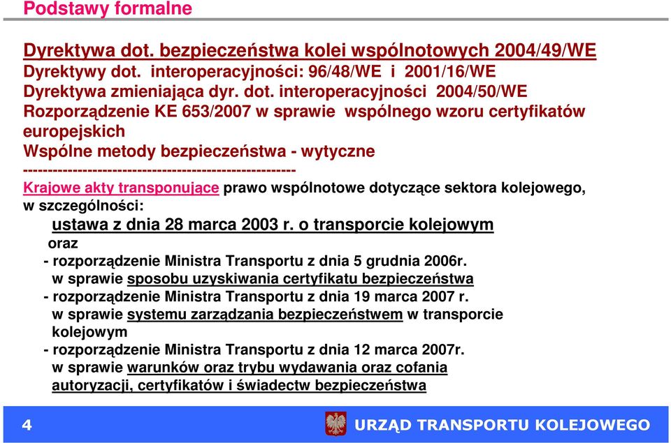 interoperacyjności: 96/48/WE i 2001/16/WE Dyrektywa zmieniająca dyr. dot.