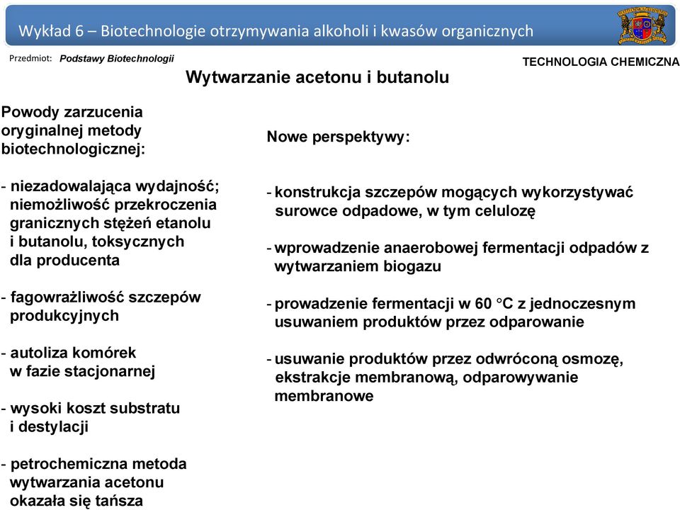 komórek w fazie stacjonarnej - wysoki koszt substratu i destylacji Nowe perspektywy: - konstrukcja szczepów mogących wykorzystywać surowce odpadowe, w tym celulozę - wprowadzenie anaerobowej