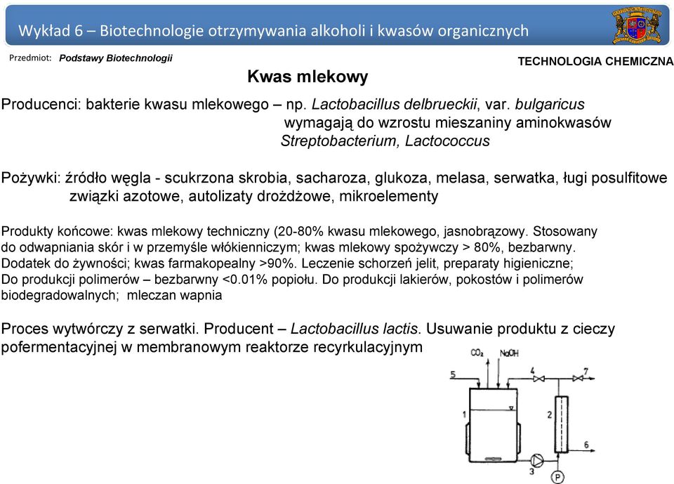 autolizaty drożdżowe, mikroelementy Produkty końcowe: kwas mlekowy techniczny (20-80% kwasu mlekowego, jasnobrązowy.