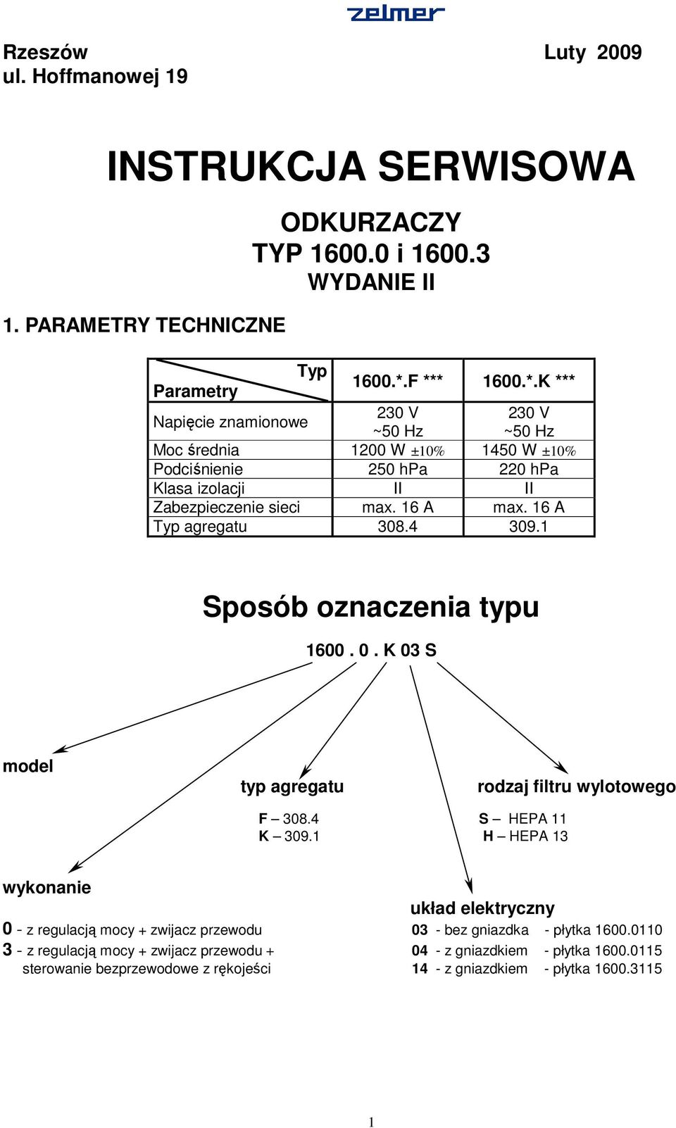 6 A max. 6 A Typ agregatu 308.4 309. Sposób oznaczenia typu 600. 0. K 03 S model typ agregatu rodzaj filtru wylotowego F 308.4 S HEPA K 309.