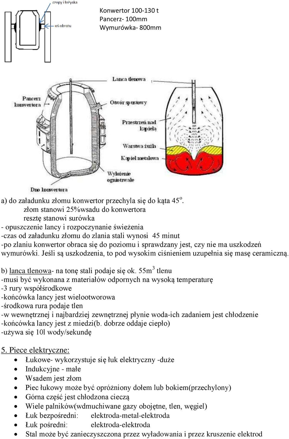 poziomu i sprawdzany jest, czy nie ma uszkodzeń wymurówki. Jeśli są uszkodzenia, to pod wysokim ciśnieniem uzupełnia się masę ceramiczną. b) lanca tlenowa- na tonę stali podaje się ok.