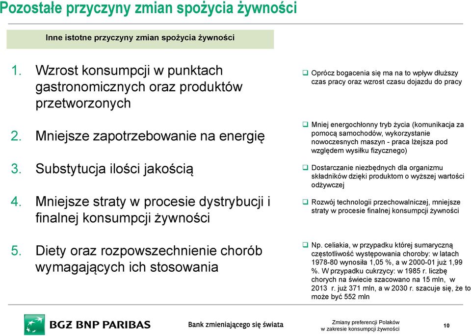 Mniejsze straty w procesie dystrybucji i finalnej konsumpcji żywności Oprócz bogacenia się ma na to wpływ dłuższy czas pracy oraz wzrost czasu dojazdu do pracy Mniej energochłonny tryb życia