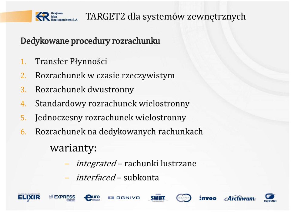 Standardowy rozrachunek wielostronny 5. Jednoczesny rozrachunek wielostronny 6.