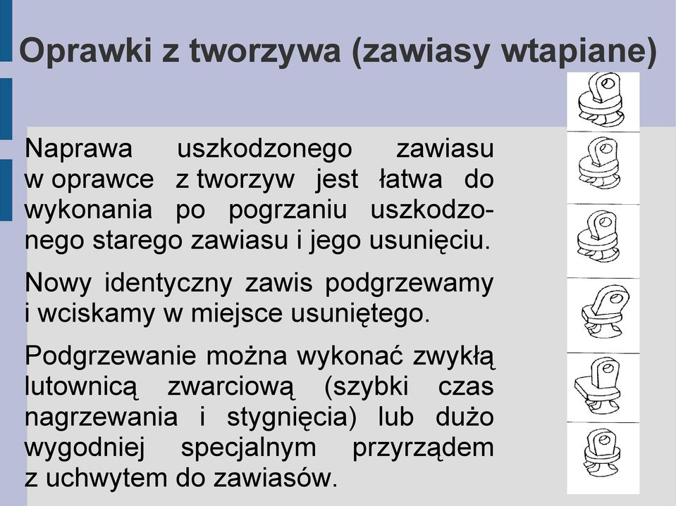 Nowy identyczny zawis podgrzewamy i wciskamy w miejsce usuniętego.