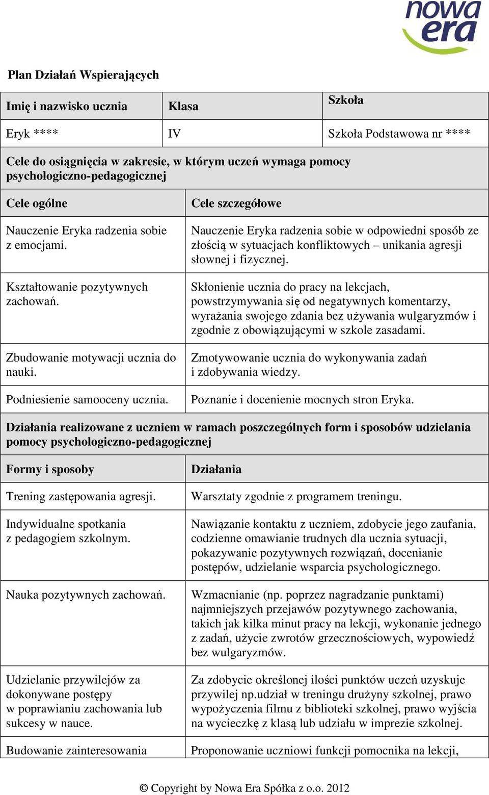 Cele szczegółowe Nauczenie Eryka radzenia sobie w odpowiedni sposób ze złością w sytuacjach konfliktowych unikania agresji słownej i fizycznej.