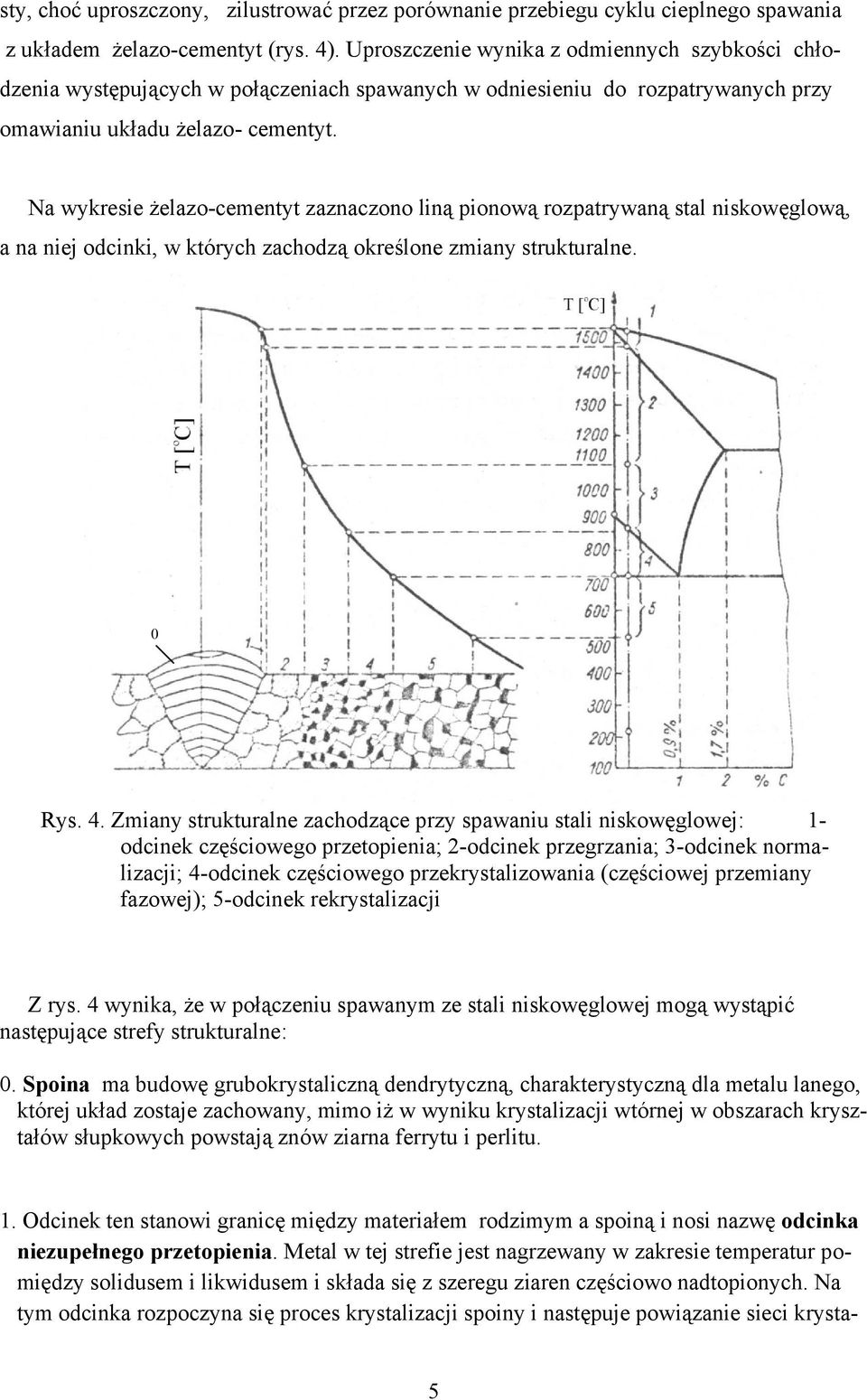 Na wykresie żelazo-cementyt zaznaczono liną pionową rozpatrywaną stal niskowęglową, a na niej odcinki, w których zachodzą określone zmiany strukturalne. 0 Rys. 4.