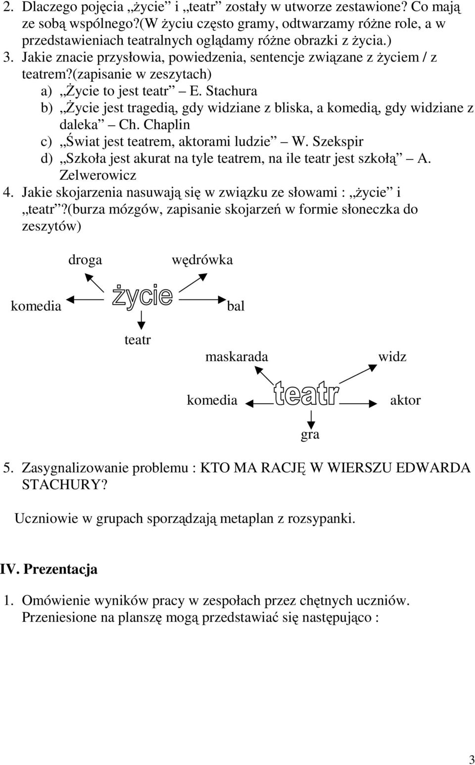 Stachura b) Życie jest tragedią, gdy widziane z bliska, a komedią, gdy widziane z daleka Ch. Chaplin c) Świat jest teatrem, aktorami ludzie W.