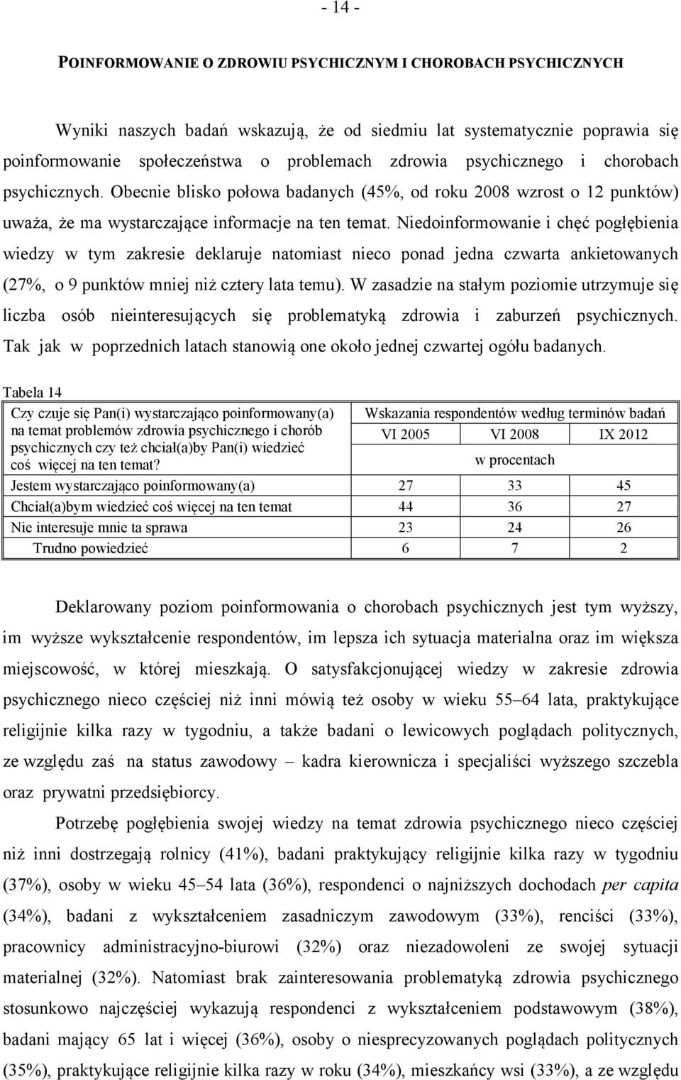 Niedoinformowanie i chęć pogłębienia wiedzy w tym zakresie deklaruje natomiast nieco ponad jedna czwarta ankietowanych (27%, o 9 punktów mniej niż cztery lata temu).