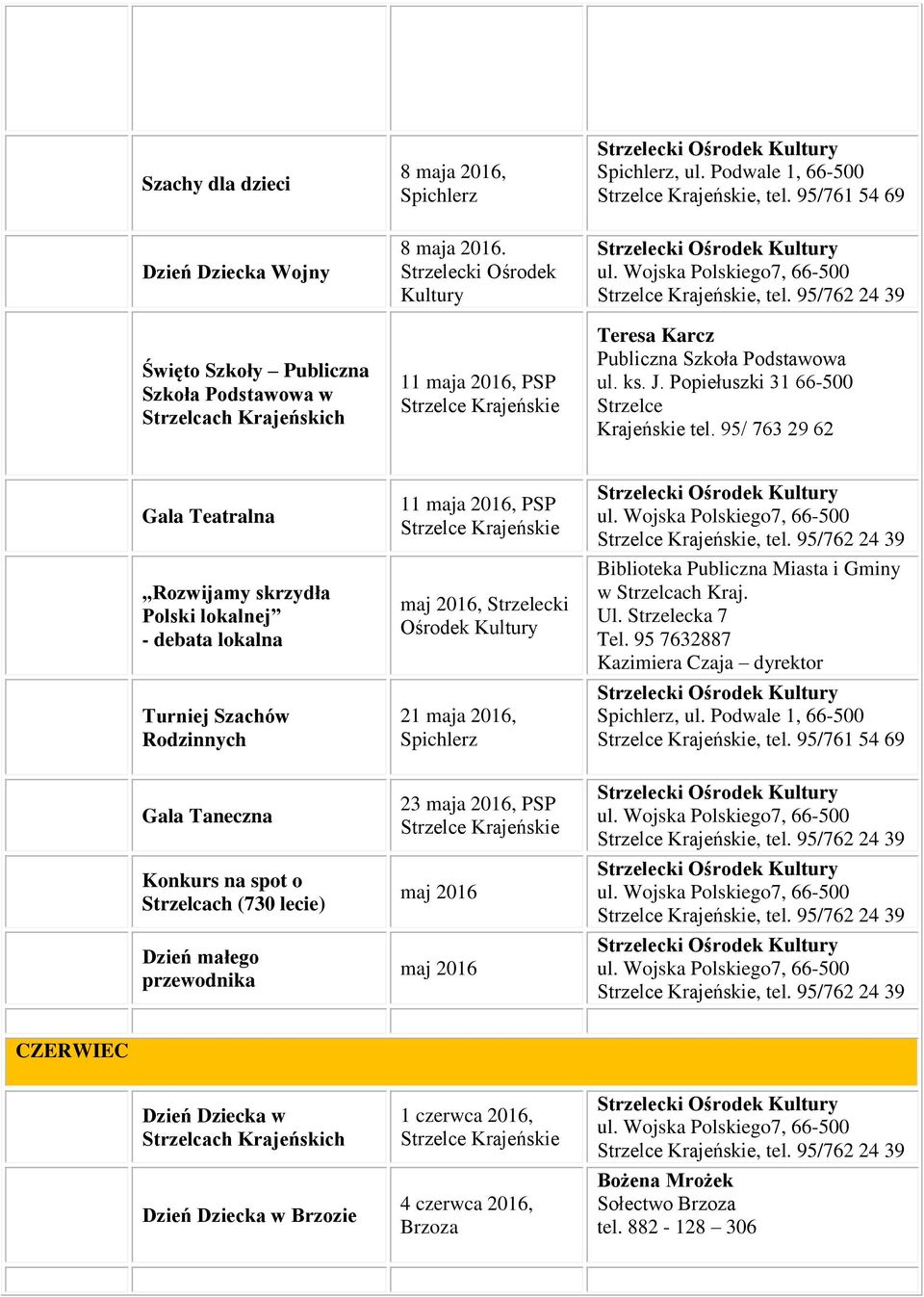 95/ 763 29 62 Gala Teatralna Rozwijamy skrzydła Polski lokalnej - debata lokalna Turniej Szachów Rodzinnych 11 maja 2016, PSP maj 2016, Strzelecki Ośrodek 21 maja 2016, Biblioteka Publiczna