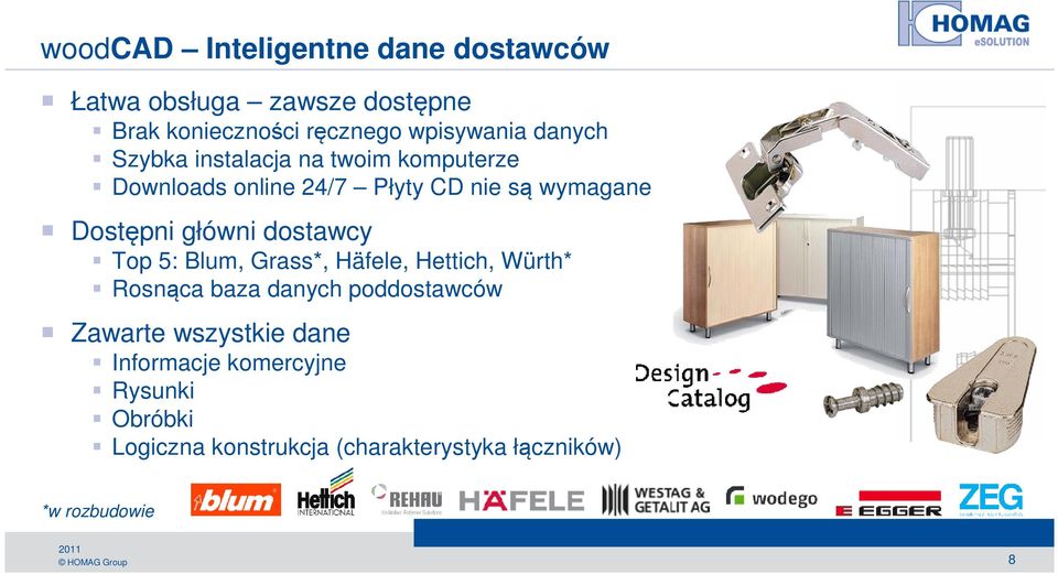 główni dostawcy Top 5: Blum, Grass*, Häfele, Hettich, Würth* Rosnąca baza danych poddostawców Zawarte