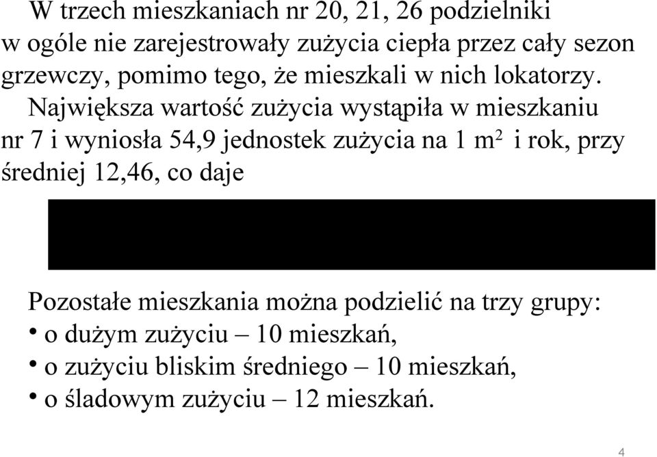 Największa wartość zużycia wystąpiła w mieszkaniu nr 7 i wyniosła 54,9 jednostek zużycia na 1 m 2 i rok, przy średniej 12,46,