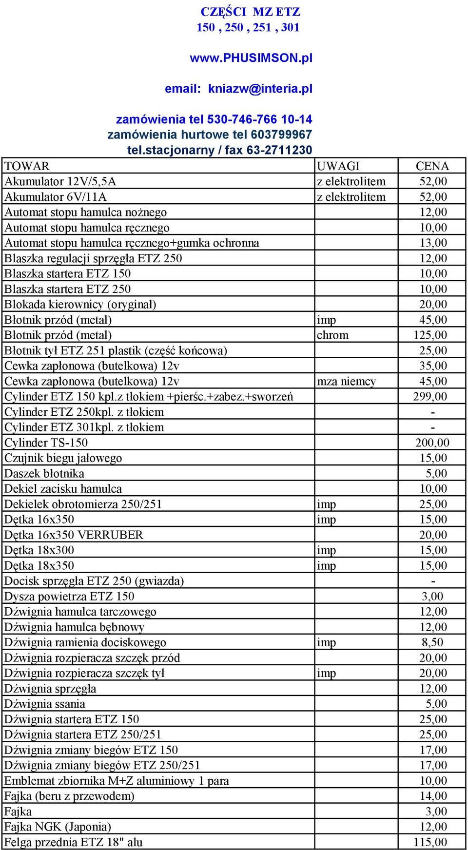 Automat stopu hamulca ręcznego+gumka ochronna 13,00 Blaszka regulacji sprzęgła ETZ 250 12,00 Blaszka startera ETZ 150 10,00 Blaszka startera ETZ 250 10,00 Blokada kierownicy (oryginał) 20,00 Błotnik