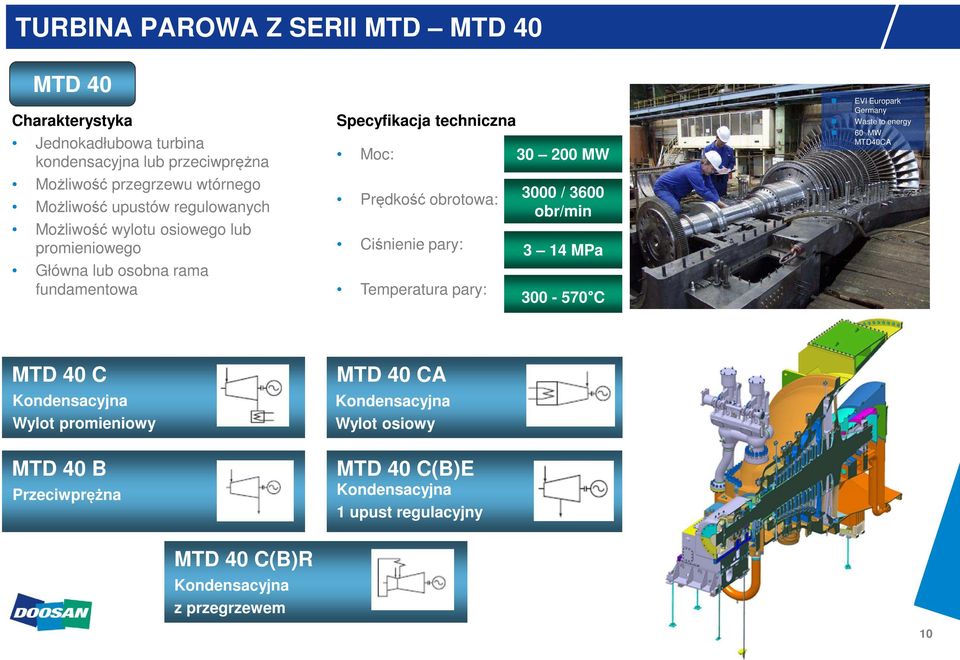 Prędkość obrotowa: Ciśnienie pary: Temperatura pary: 30 200 MW 3000 / 3600 obr/min 3 14 MPa 300-570 C EVI Europark Germany Waste to energy 60
