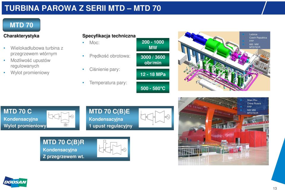 3000 / 3600 obr/min 12-18 MPa Ledvice Czech Republica FPP 660 MW MTD70CR Temperatura pary: 500-580 C MTD 70 C MTD