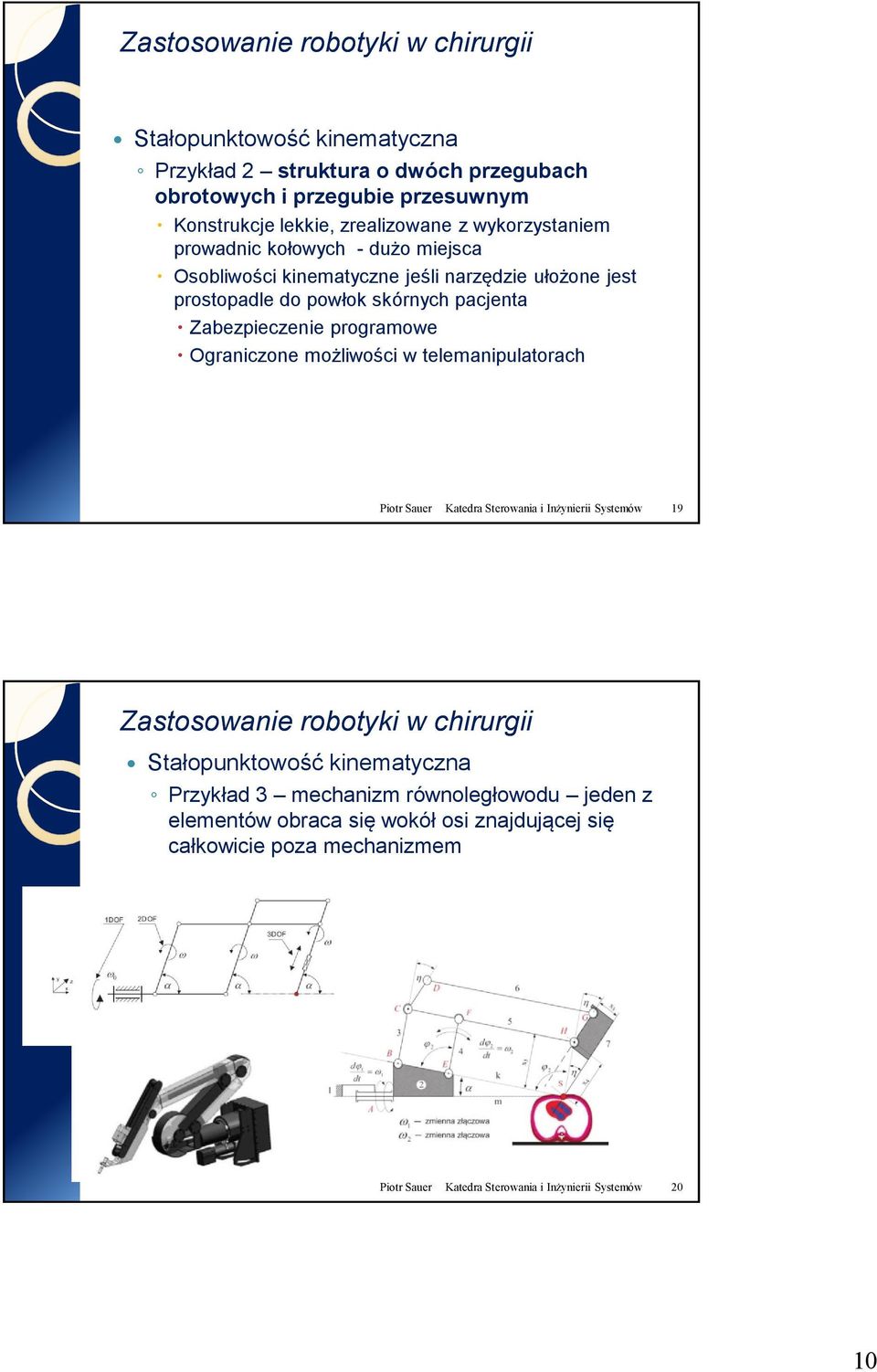 Ograniczone możliwości w telemanipulatorach Piotr Sauer Katedra Sterowania i Inżynierii Systemów 19 Stałopunktowość kinematyczna Przykład 3 mechanizm