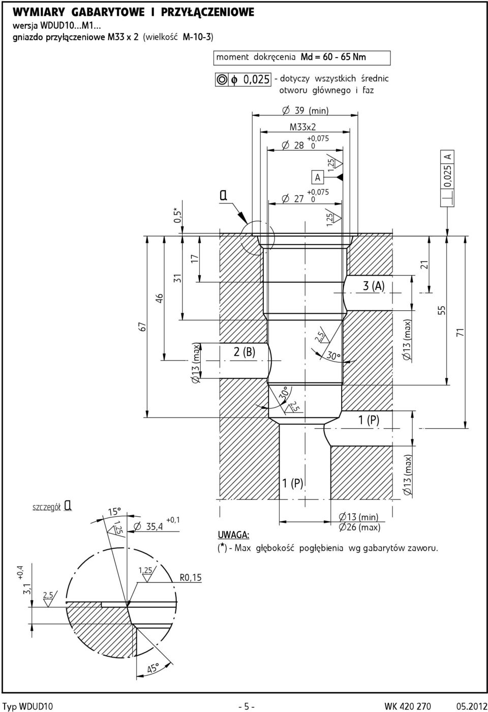 średnic otworu głównego i faz 0,5* a 39 (min) M33x2 28 +0,075 0 A 1,25 1,25 27 +0,075 0 n 0,025 A 46 31 21 3 (A) 67 55 17 13 (max)