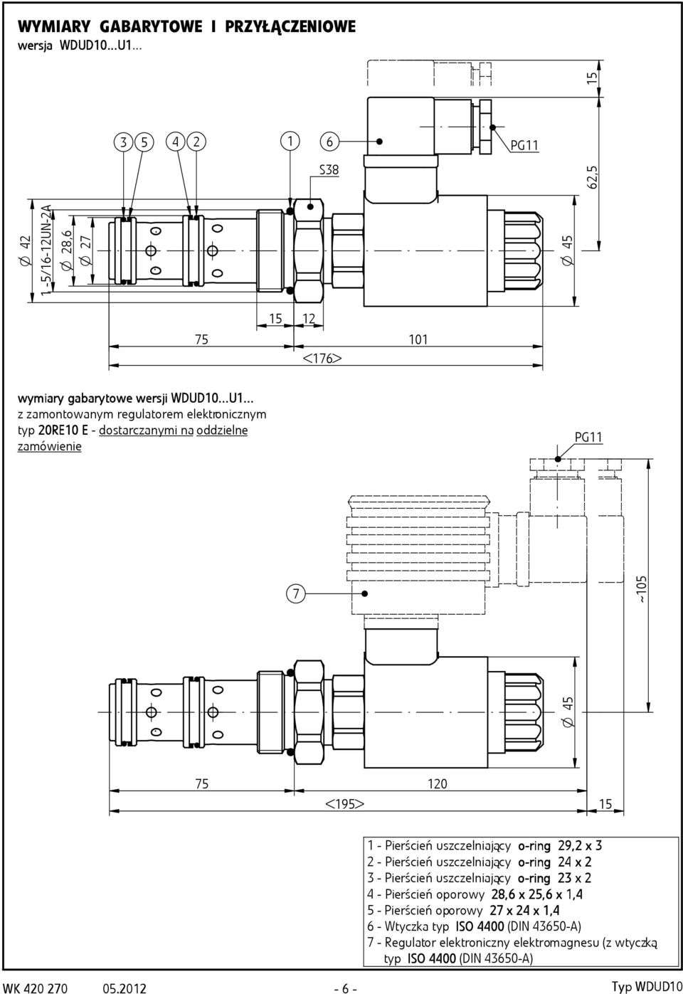 .. z zamontowanym regulatorem elektronicznym typ 20RE10 E - dostarczanymi na oddzielne zamówienie PG11 7 45 ~105 75 <195> 120 15 1 - Pierścień uszczelniający o-r 29,