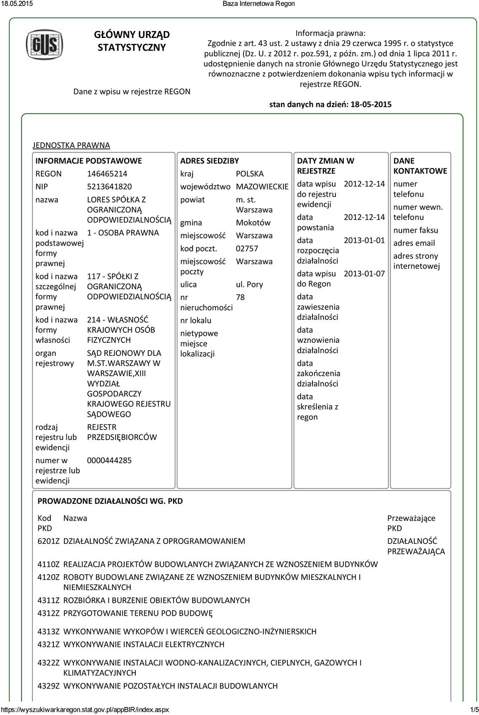 stan danych na dzień: 18 05 2015 JEDNOSTKA PRAWNA INFORMACJE PODSTAWOWE REGON 146465214 NIP 5213641820 nazwa LORES SPÓŁKA Z OGRANICZONĄ ODPOWIEDZIALNOŚCIĄ kod i nazwa 1 OSOBA PRAWNA podstawowej
