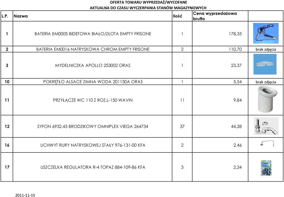 FRISONE 2 110,70 brak zdjęcia 3 MYDELNICZKA APOLLO 253002 ORAS 1 23,37 10 POKRĘTŁO ALSACE ZIMNA WODA 201150A ORAS 1 5,54