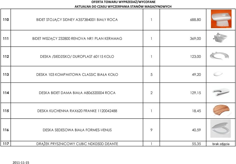 49,20 114 DESKA BIDET DAMA BIAŁA A806320004 ROCA 2 129,15 115 DESKA KUCHENNA RAX620 FRANKE 1120042488 1