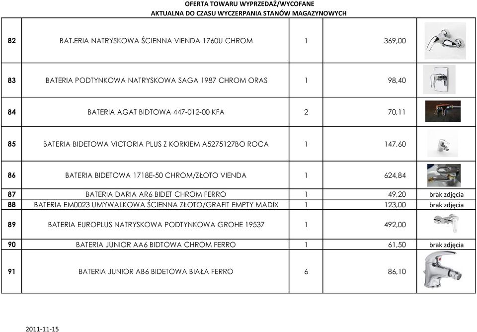 2 70,11 85 BATERIA BIDETOWA VICTORIA PLUS Z KORKIEM A5275127BO ROCA 1 147,60 86 BATERIA BIDETOWA 1718E-50 CHROM/ZŁOTO VIENDA 1 624,84 87 BATERIA DARIA