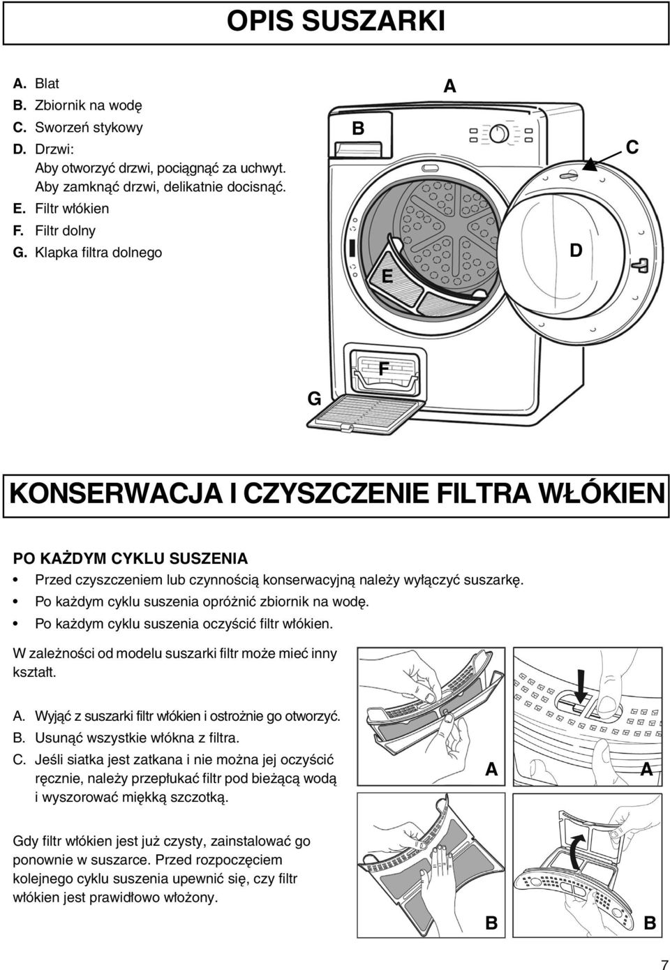 Po każdym cyklu suszenia opróżnić zbiornik na wodę. Po każdym cyklu suszenia oczyścić filtr włókien. W zależności od modelu suszarki filtr może mieć inny kształt. A.