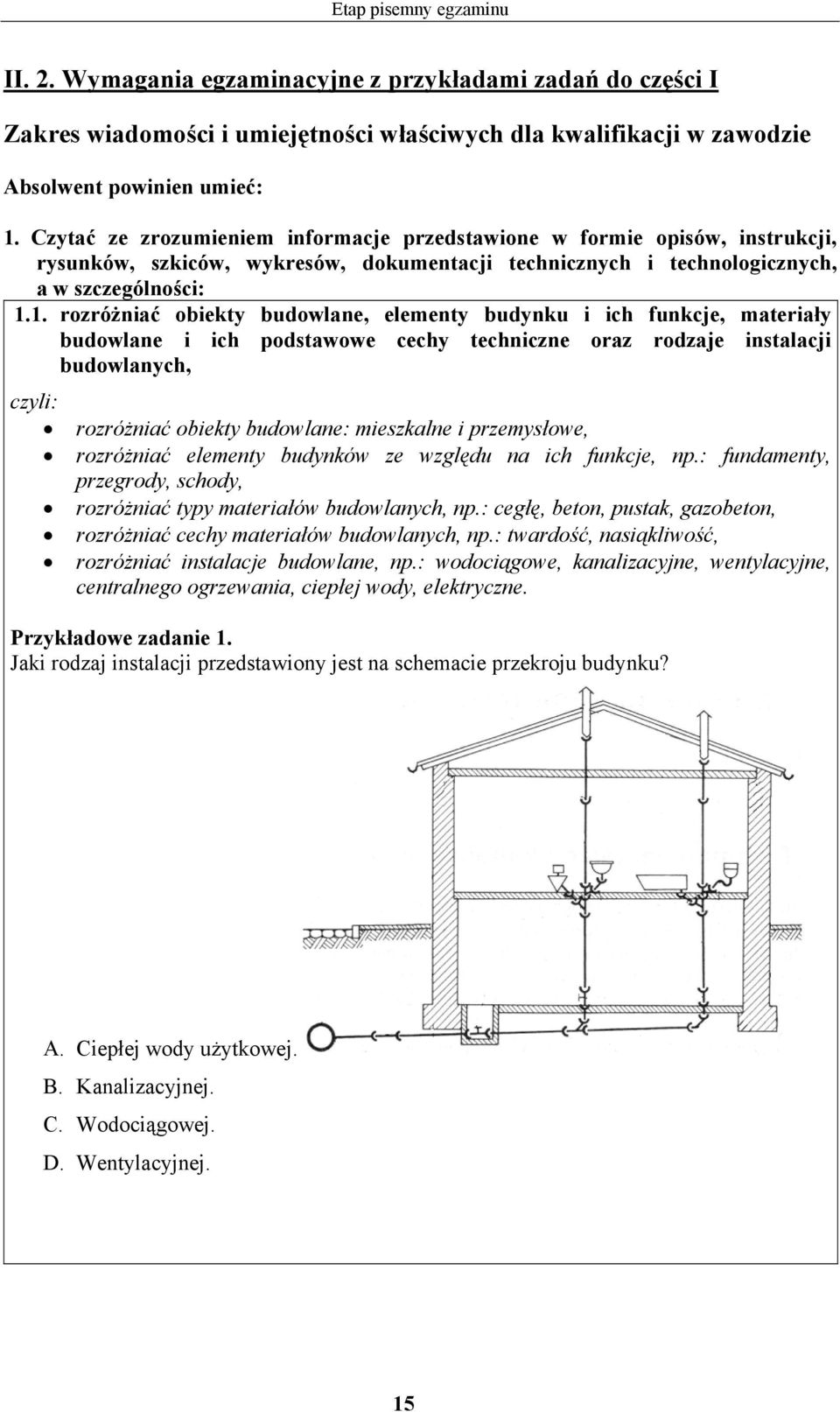 1. rozróżniać obiekty budowlane, elementy budynku i ich funkcje, materiały budowlane i ich podstawowe cechy techniczne oraz rodzaje instalacji budowlanych, rozróżniać obiekty budowlane: mieszkalne i