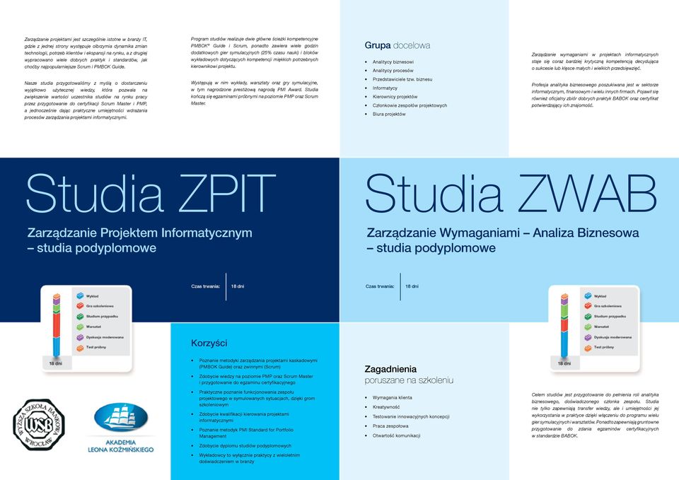 Program studiów realizuje dwie główne ścieżki kompetencyjne PMBOK Guide i Scrum, ponadto zawiera wiele godzin dodatkowych gier symulacyjnych (25% czasu nauki) i bloków wykładowych dotyczących