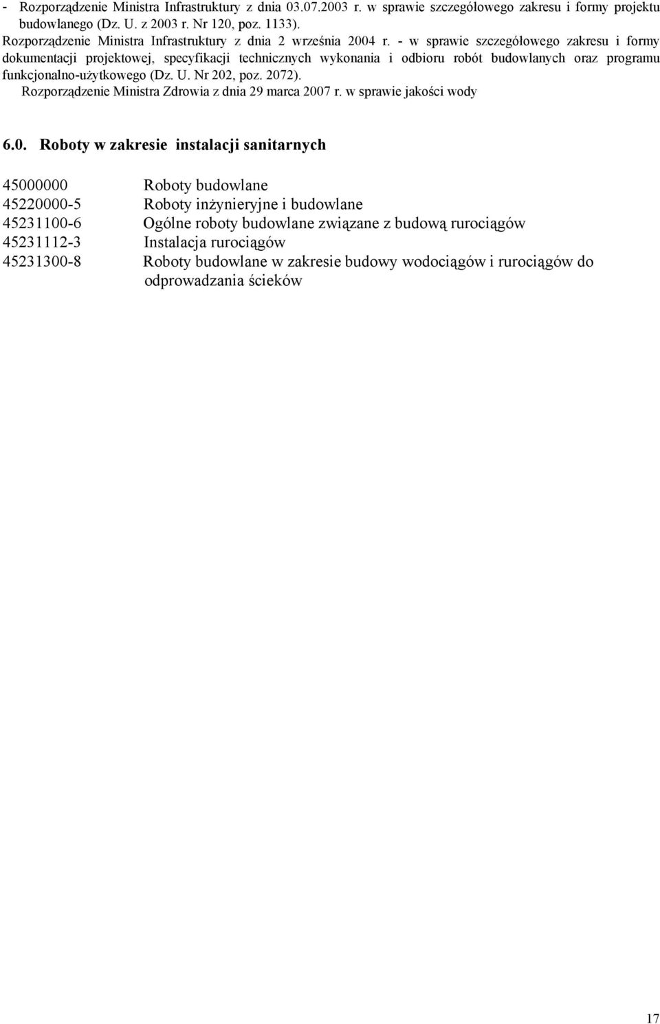 - w sprawie szczegółowego zakresu i formy dokumentacji projektowej, specyfikacji technicznych wykonania i odbioru robót budowlanych oraz programu funkcjonalno-uŝytkowego (Dz. U. Nr 202, poz. 2072).
