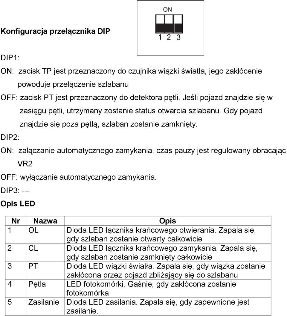 ON: załączanie automatycznego zamykania, czas pauzy jest regulowany obracając VR2 OFF: wyłączanie automatycznego zamykania.