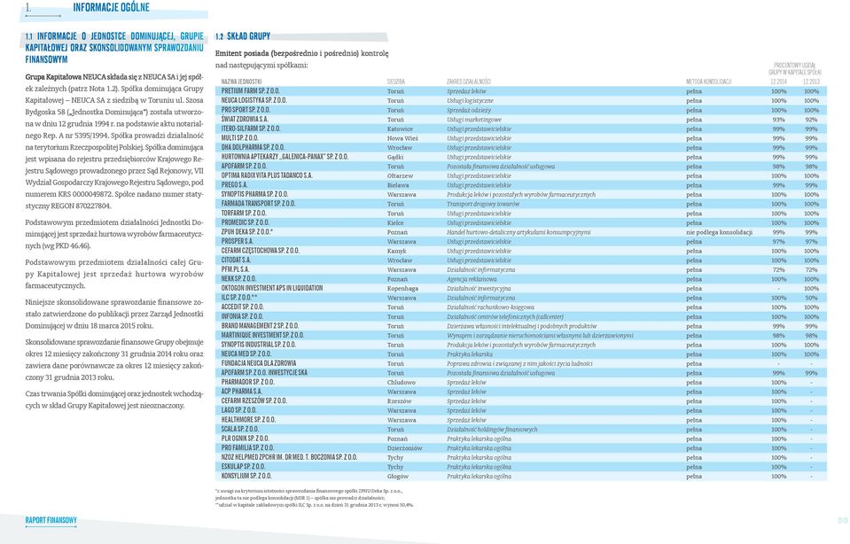 Spółka dominująca Grupy Kapitałowej NEUCA SA z siedzibą w Toruniu ul. Szosa Bydgoska 58 ( Jednostka Dominująca ) została utworzona w dniu 12 grudnia 1994 r. na podstawie aktu notarialnego Rep.