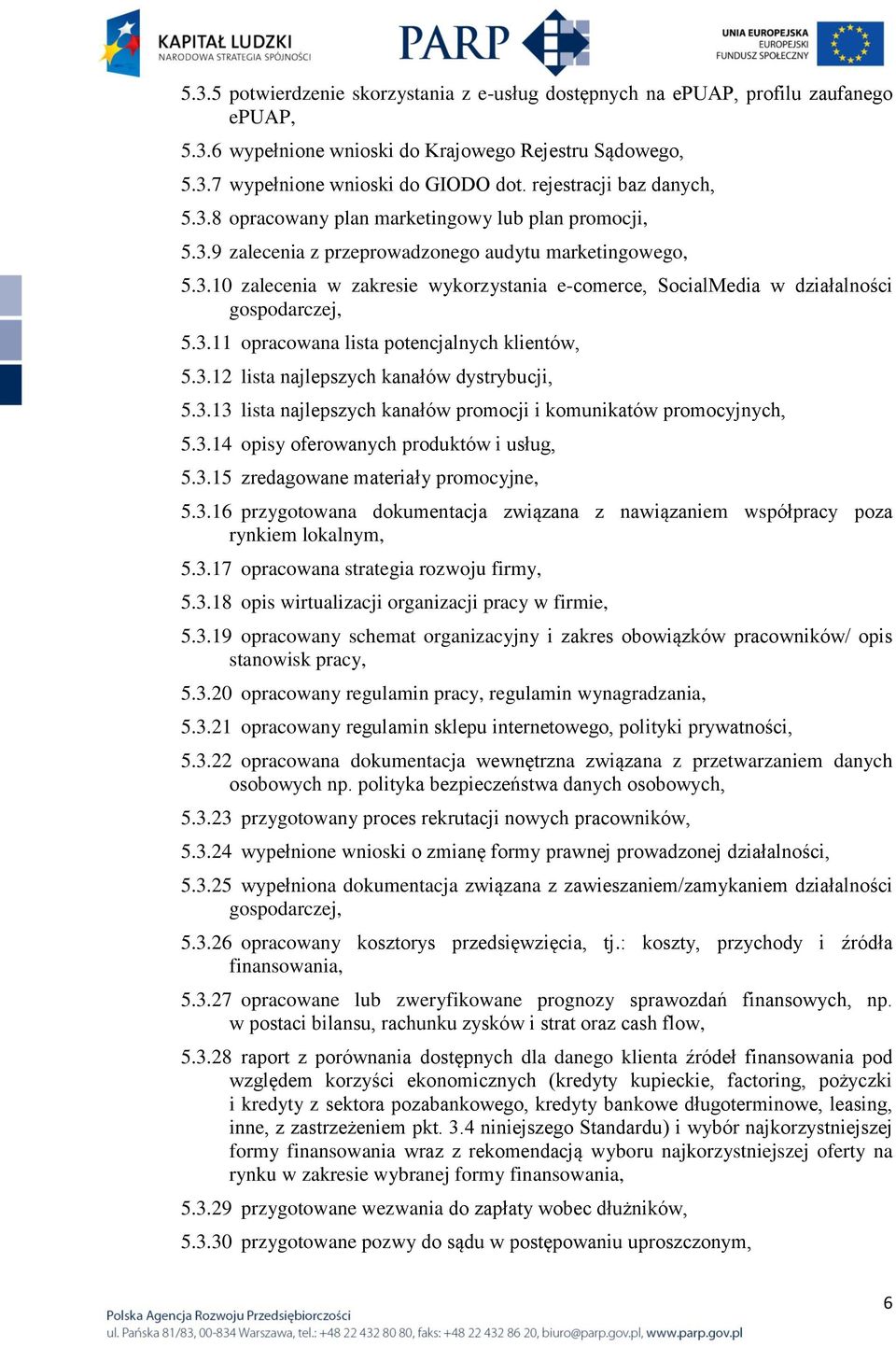 3.11 opracowana lista potencjalnych klientów, 5.3.12 lista najlepszych kanałów dystrybucji, 5.3.13 lista najlepszych kanałów promocji i komunikatów promocyjnych, 5.3.14 opisy oferowanych produktów i usług, 5.